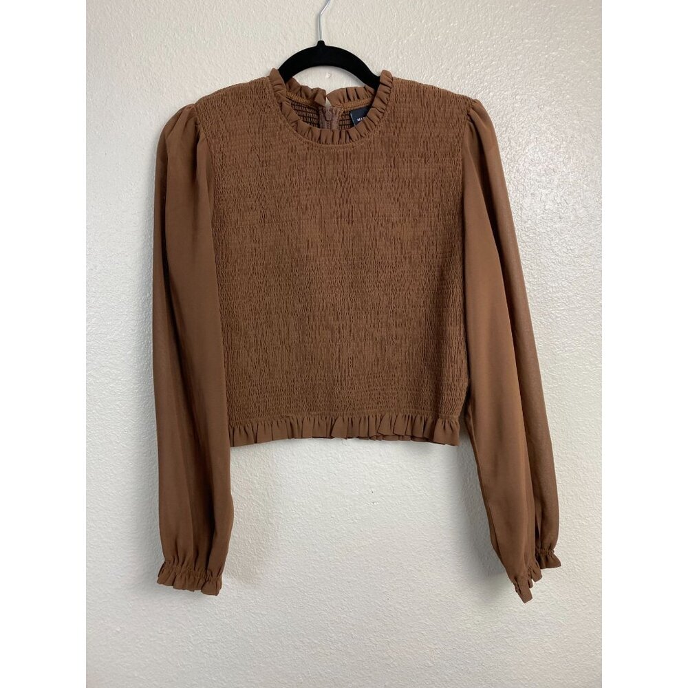 Miou Muse Brown Smocked‎ Top Womens size Large Long Sleeve Boho Capsule Peasant